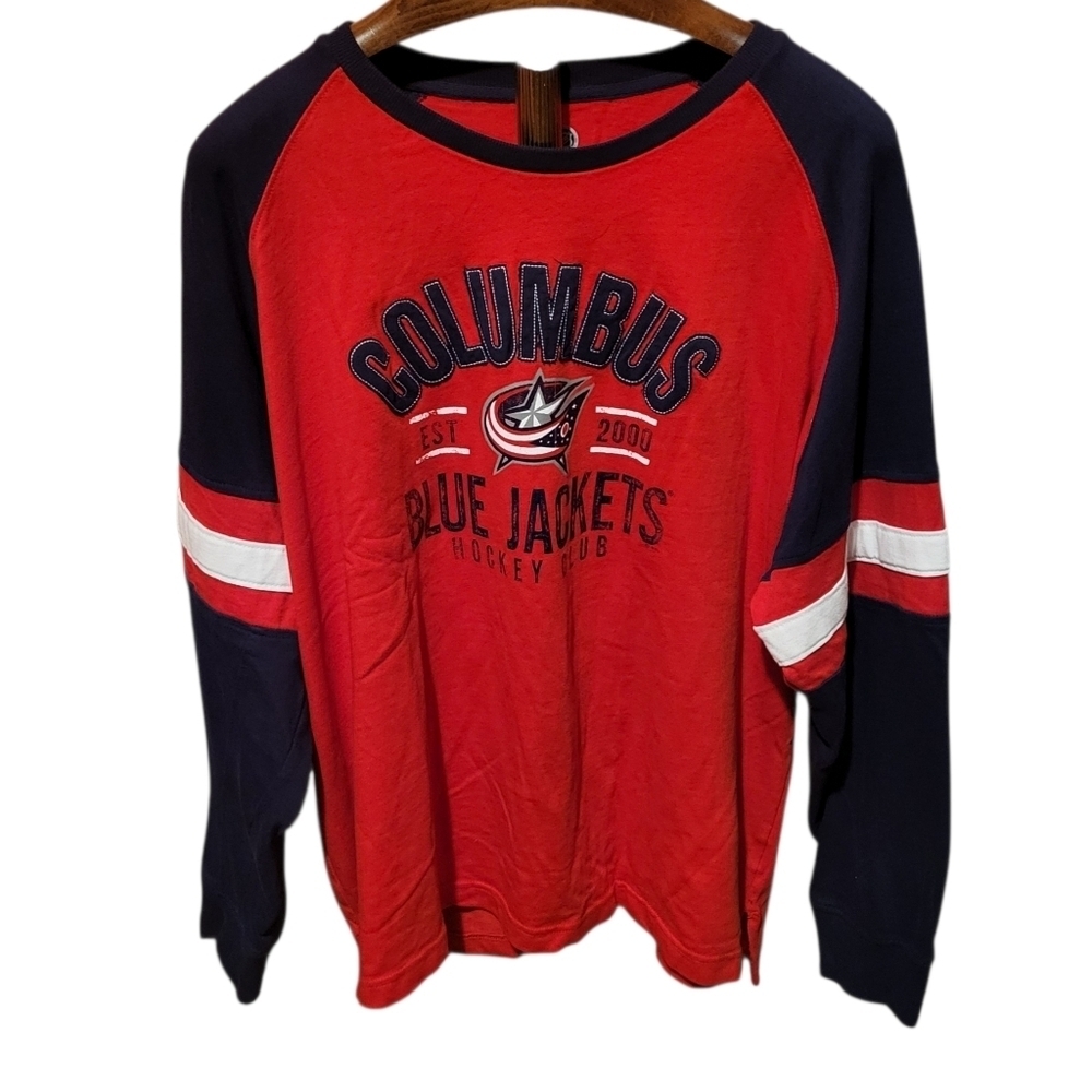 NHL Columbus Blue Jackets Red & Navy Blur Embroidered Long Sleeve Shirt Size 2XL
